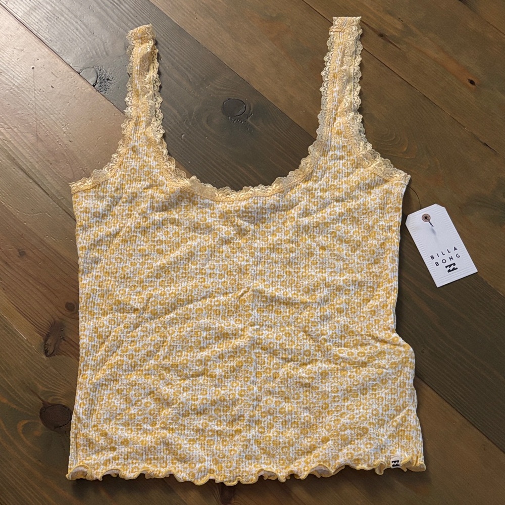 Billabong Yellow and White Floral crop Tank Top PTP 15.5”